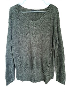 RDI Olive Green Knit V-Neck Sweater Brown Elbow Patches Size Medium